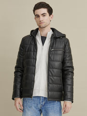 Faux-Leather Puffer Hooded Jacket
