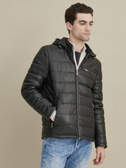 Faux-Leather Puffer Hooded Jacket