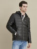 Image of Faux-Leather Puffer Hooded Jacket