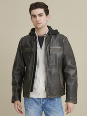 Alan Mens Leather Jacket with Hood