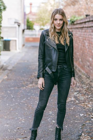 Elly Black Lambskin Leather Jacket for Women - With Belt
