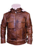 Image of Distressed Brown Shearling Leather jacket With Hoodie for mens Faux Fur