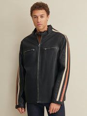 Big & Tall Motorcycle Mens Leather Jacket with Stripe