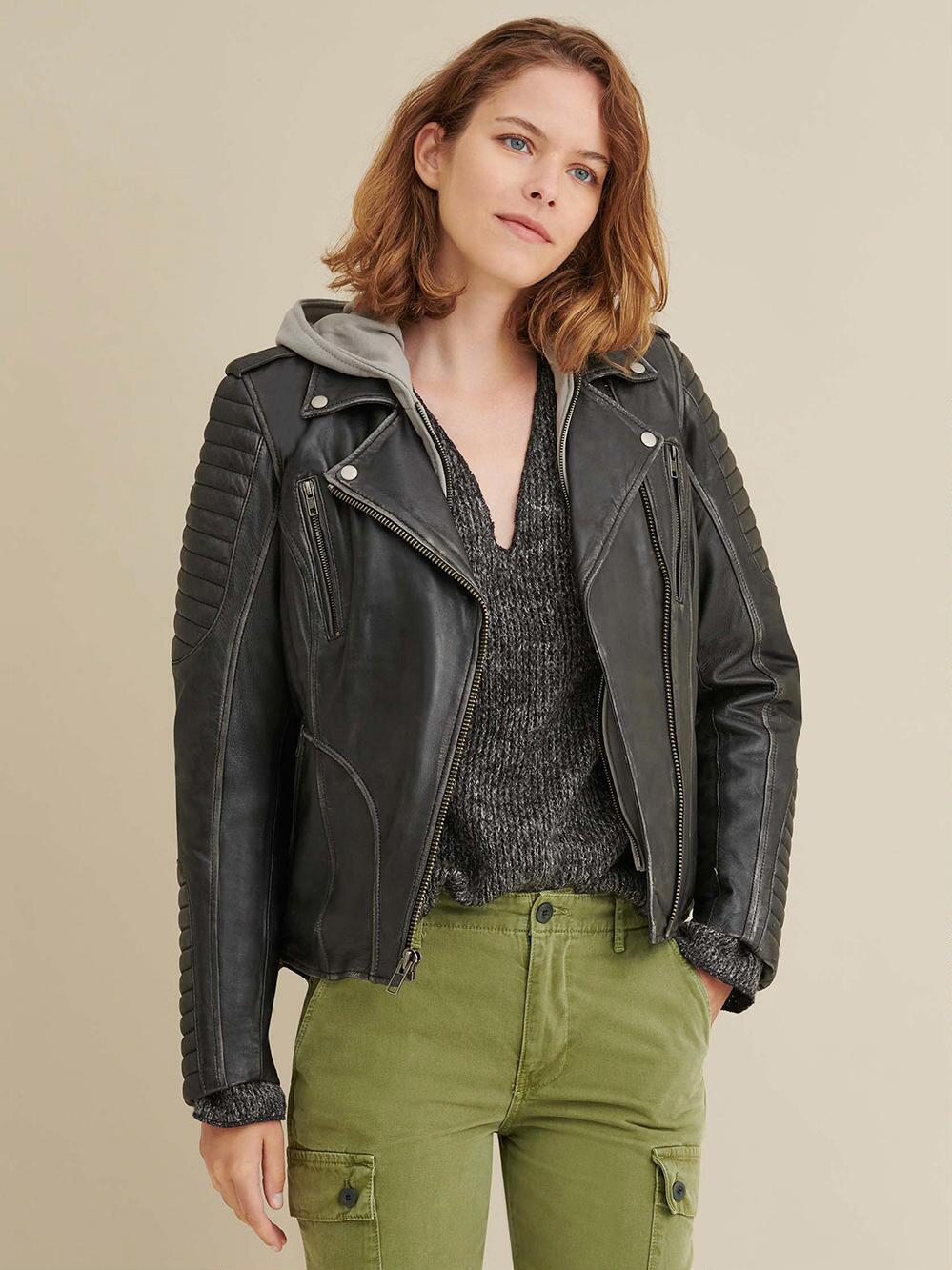 Quilted Shoulder Leather Moto Cycle Jacket Black