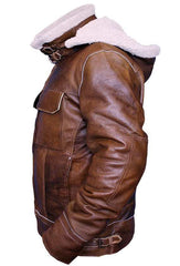 Distressed Brown Shearling Leather jacket With Hoodie for mens Faux Fur