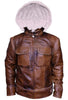Image of Distressed Brown Shearling Leather jacket With Hoodie for mens Faux Fur