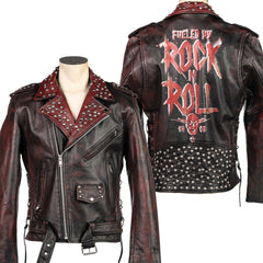 Customized Rock and Roll Red and Black Wash leather jacket