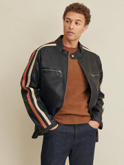 Big & Tall Motorcycle Mens Leather Jacket with Stripe
