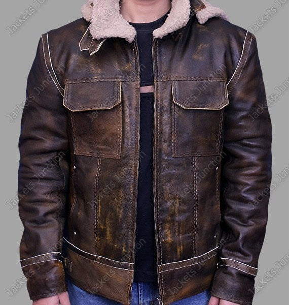 Distressed Dark Brown Leather jacket With Hoodie for mens Faux Fur
