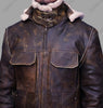 Image of Distressed Dark Brown Leather jacket With Hoodie for mens Faux Fur
